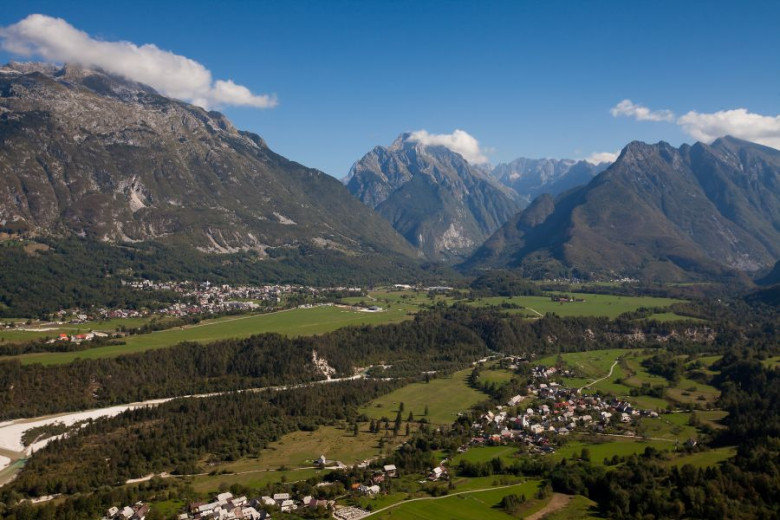 Aerial view of the village of Bovec.