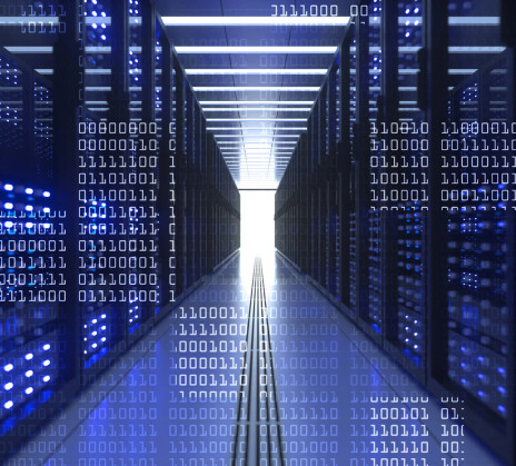 Server room with blue-lit computer servers and overlaid binary code symbolising digital data and information technology.
