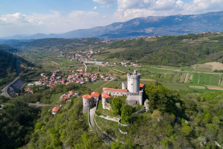 Castle at the top of the hill. Aerial view of Branik village.