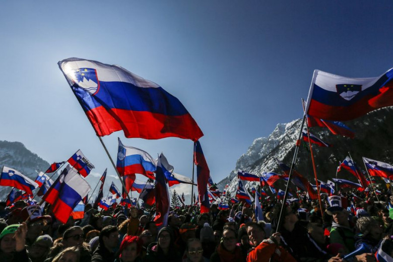Fans with Slovenian flags in Planica.