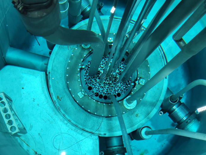 Inside Slovenia's TRIGA research reactor at the Jožef Stefan Institute, showing the reactor core and fuel elements beneath the water.