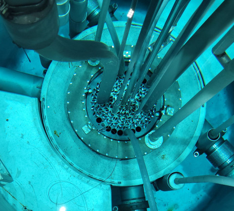 Inside Slovenia's TRIGA research reactor at the Jožef Stefan Institute, showing the reactor core and fuel elements beneath the water.