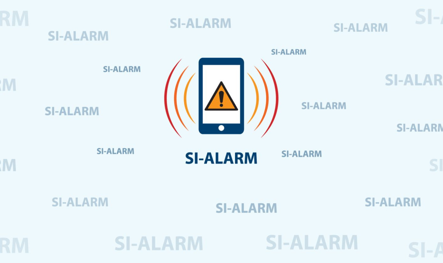 Smartphone displaying a warning notification surrounded by signal waves, with repeated "SI-ALARM" text fading into a soft blue background.
