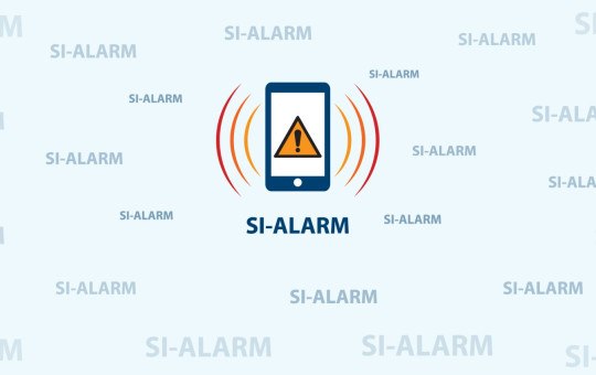 Smartphone displaying a warning notification surrounded by signal waves, with repeated "SI-ALARM" text fading into a soft blue background.