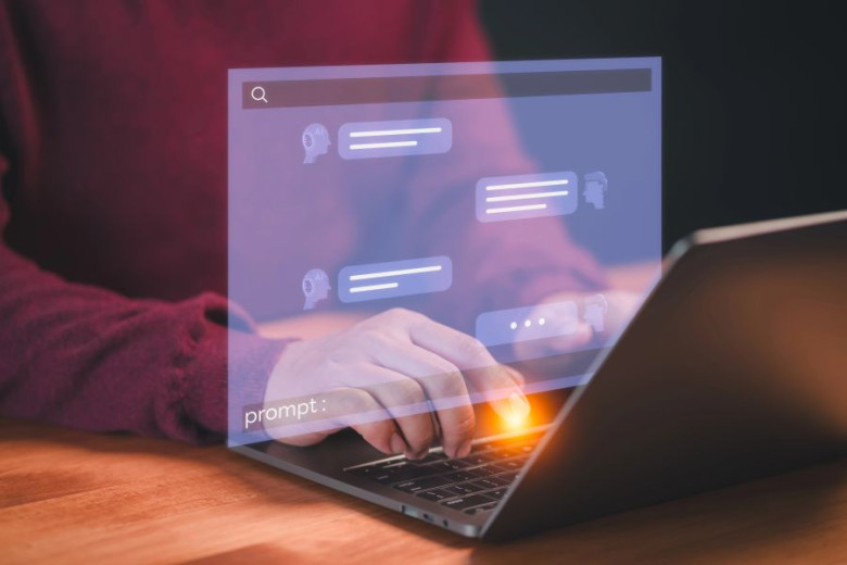 Hands typing on a laptop keyboard with a translucent overlay showing a chatbot interface.