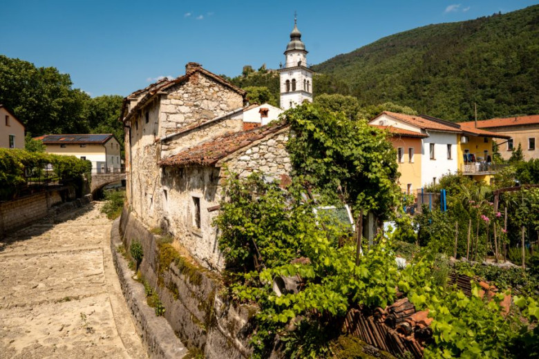 Sunlit Vipava village lane winds past rustic homes and lush gardens, with a white church bell tower rising against a green hillside.