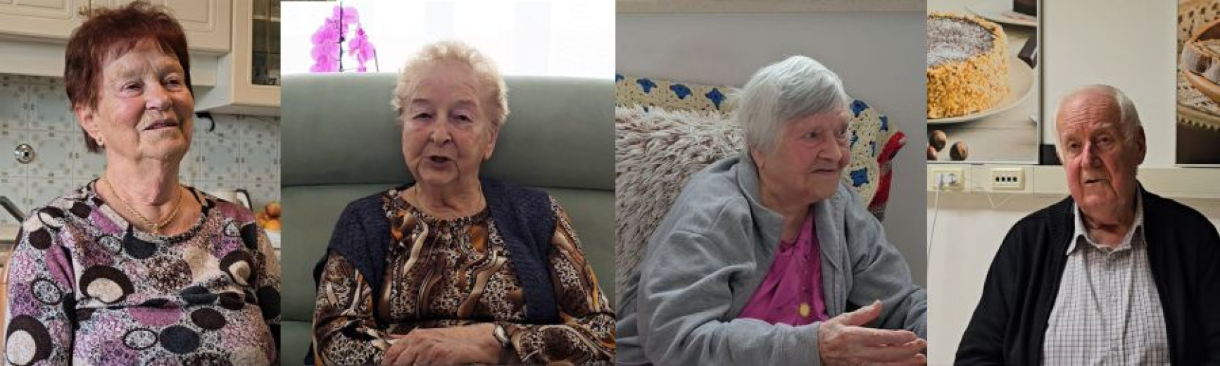 Collage of four older adults—Dora Premrl, Marija Sosič, Gabrijela Rustja and Jožef Krečič—indoors in home settings.