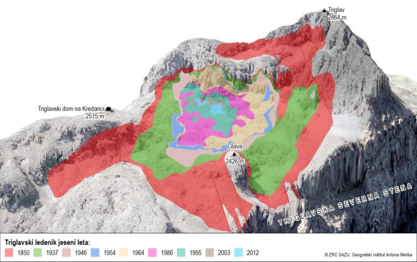 A graphical presentation of the Triglav glacier showing in different colours how the size of the glacier has been decreasing from 1850 to 2012.