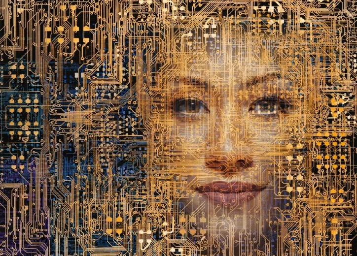The graphic shows a huge number of orange circuits, among which a woman's face is also shown.