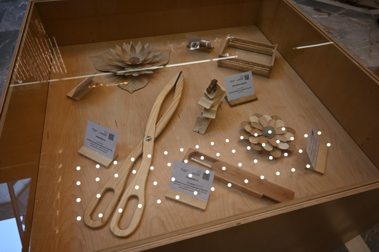 Wooden pieces on display.