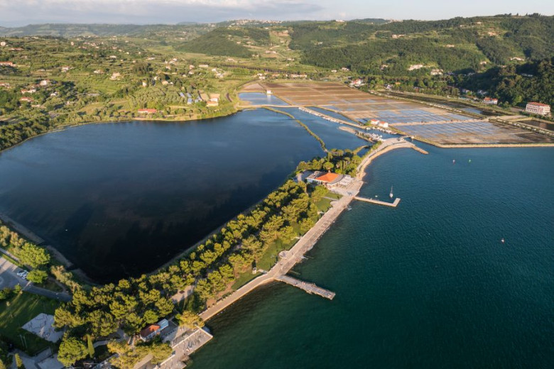Zračni posnetek obalne pokrajine s plažo in solinarskimi bazeni v ozadju.