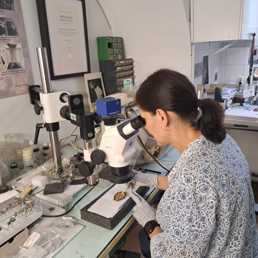 Mag. Nataša Nemeček at work in the conservation and restoration workshop of the museum. 