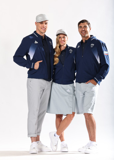 Athletes present Olympic clothing.