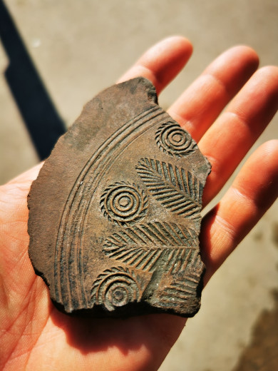 Ceramic fragment on the palm of the hand.