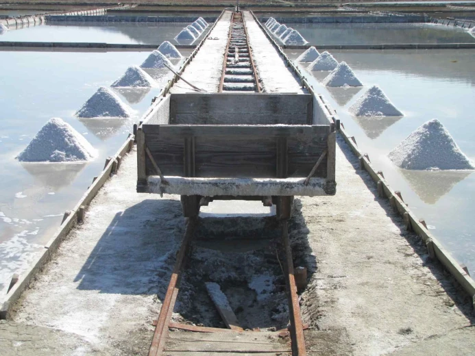 A trolley on the tracks in the salt pans. On both sides of the pathway are piles of salt
