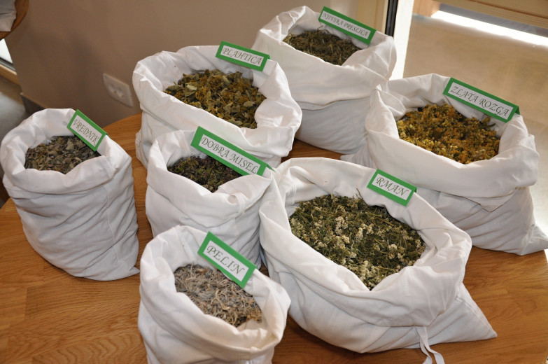 Herbs in linen bags.