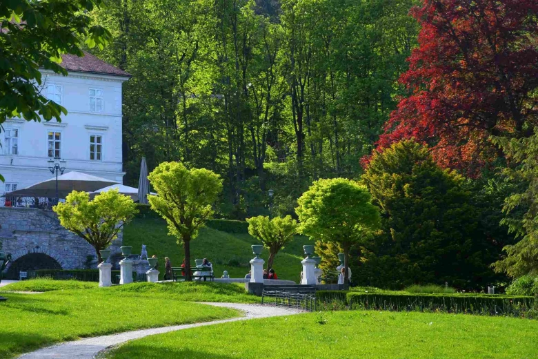 Green grass meadow with a pathway in front of the Tivoli castle and four new trees growing around the fountain.