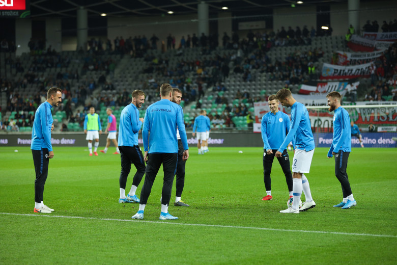 Some players of the Slovenian national football team stand on the pitch.