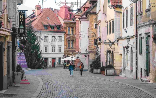Ljubljana, Gornji trg square, two girls in the foreground.