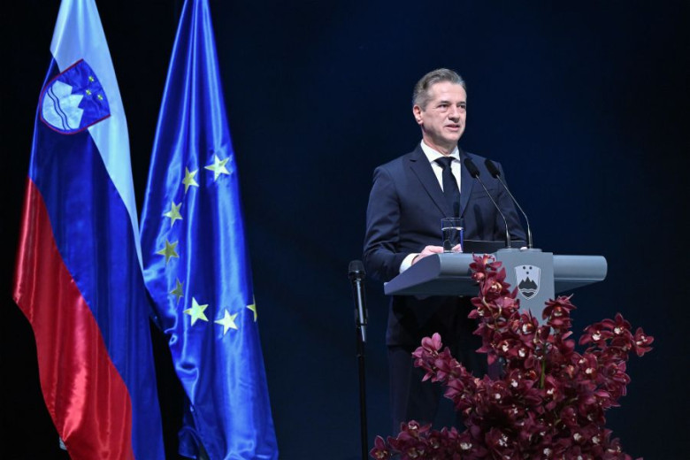 Slovene Prime minister Robert Golob speaks on stage.