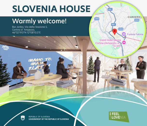 Graphic representation of the Slovenian House, with a map showing the location of the Slovenian House in the upper right corner.
