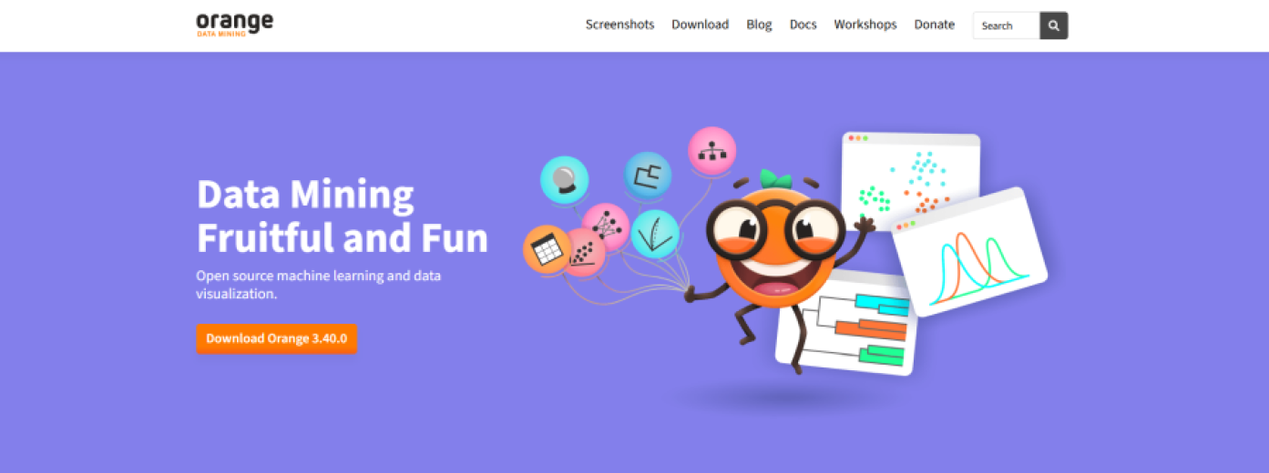 Purple background with a cheerful orange cartoon character surrounded by floating data icons and graphs. Text reads Data Mining Fruitful and Fun.
