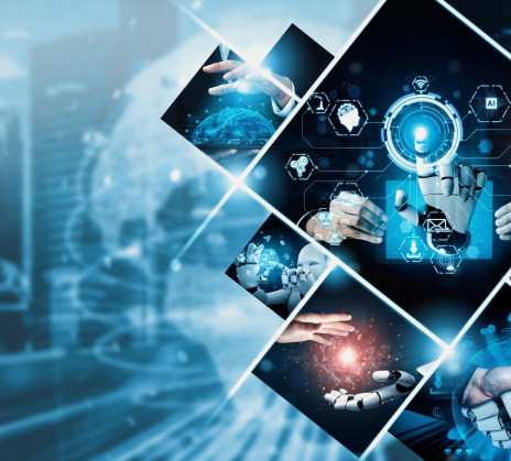 Futuristic collage of technology images: digital hands, virtual screens, AI symbols, and robotic hands shaking.