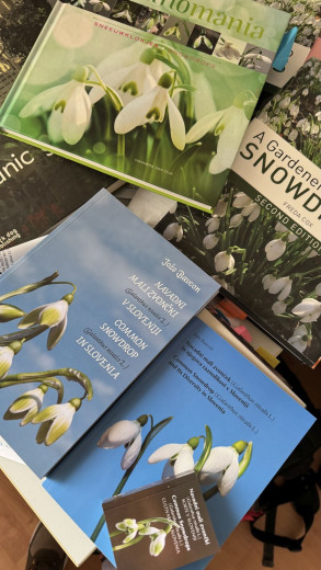A collection of books about snowdrops displayed on a table.